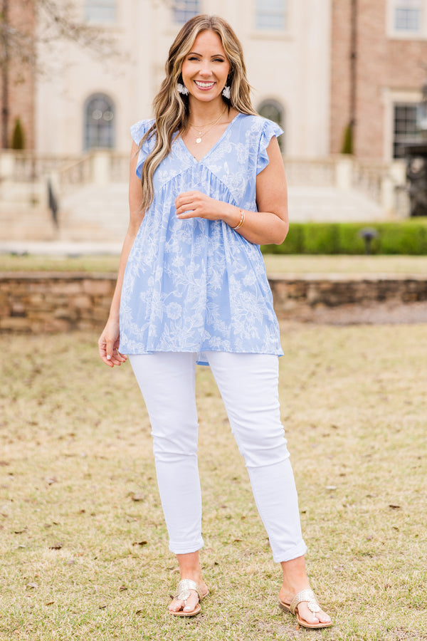 Chic Soul plus size clothing, light blue babydoll top with flutter sleeves and floral pattern
