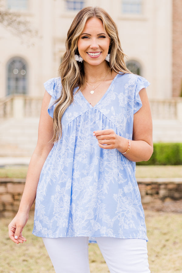 Chic Soul plus size clothing, light blue babydoll top with flutter sleeves and floral pattern