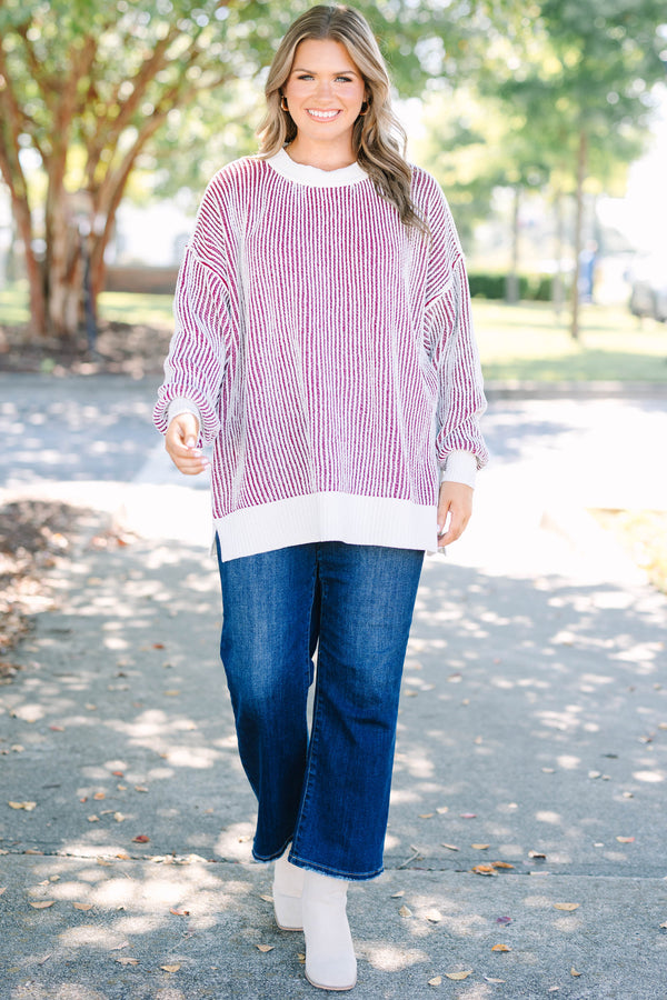 Plus Size cabernet and white striped knit sweater with a crew neckline and ribbed trim.