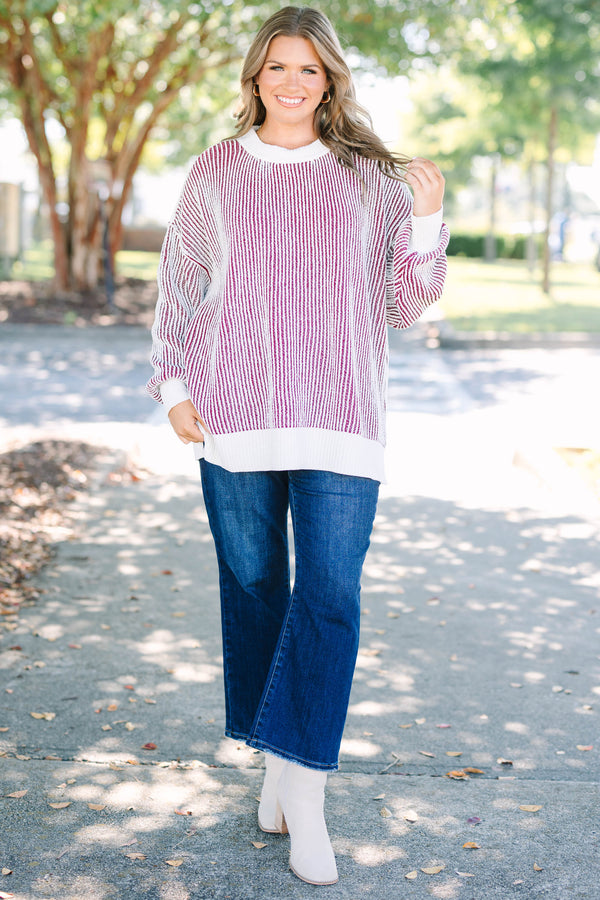 Plus Size cabernet and white striped knit sweater with a crew neckline and ribbed trim.