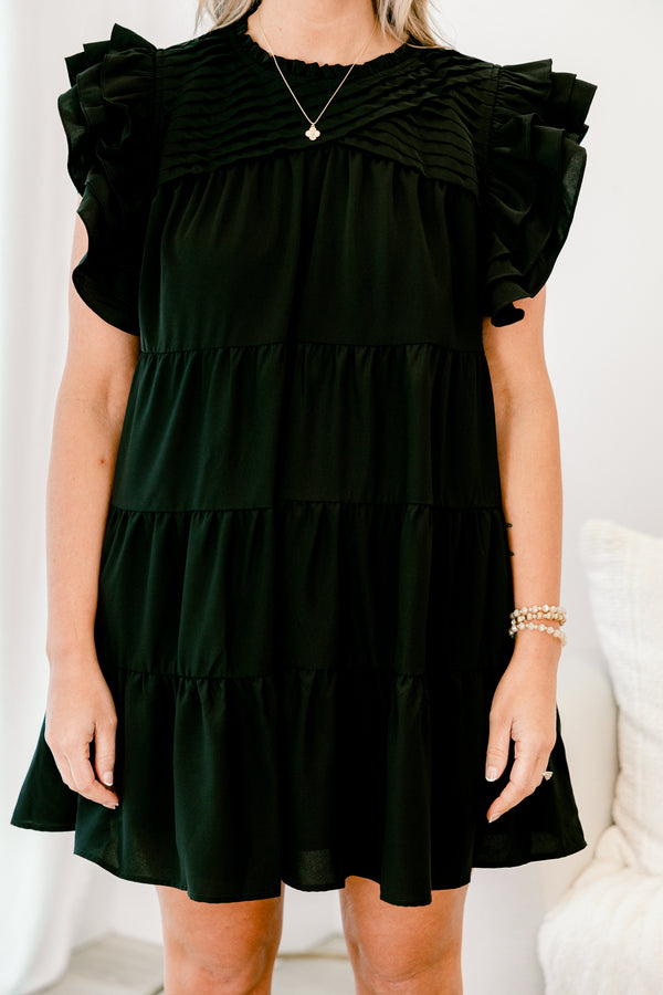 Chic Soul plus size clothing, short-flutter-sleeve black flowy short dress with a crew neckline