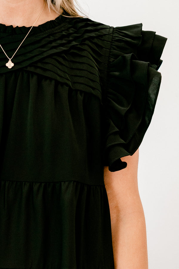 Chic Soul plus size clothing, short-flutter-sleeve black flowy short dress with a crew neckline