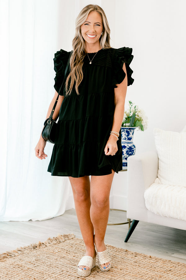 Chic Soul plus size clothing, short-flutter-sleeve black flowy short dress with a crew neckline