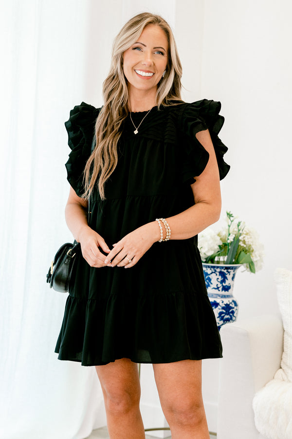 Chic Soul plus size clothing, short-flutter-sleeve black flowy short dress with a crew neckline