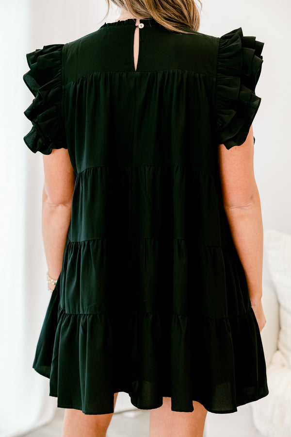 Chic Soul plus size clothing, short-flutter-sleeve black flowy short dress with a crew neckline