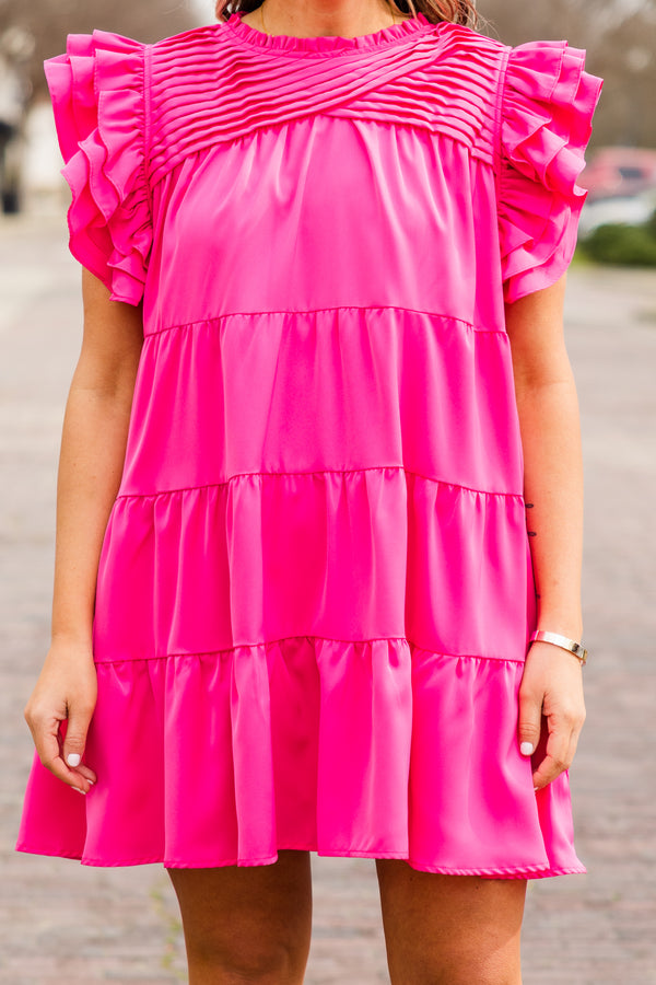 Chic Soul plus size clothing, pink short tiered dress with flutter sleeves