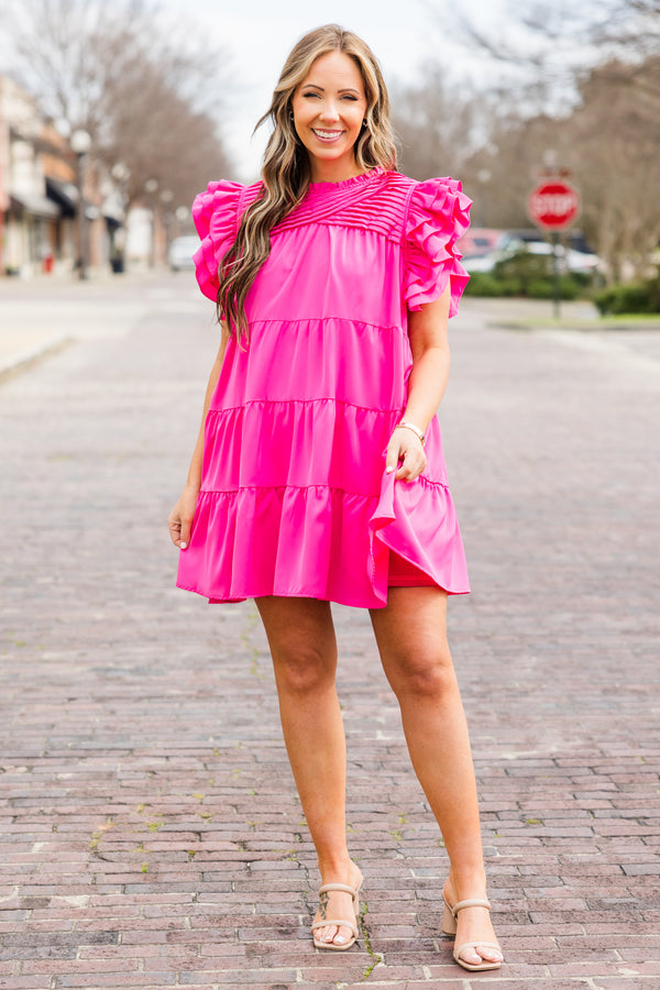 Chic Soul plus size clothing, pink short tiered dress with flutter sleeves