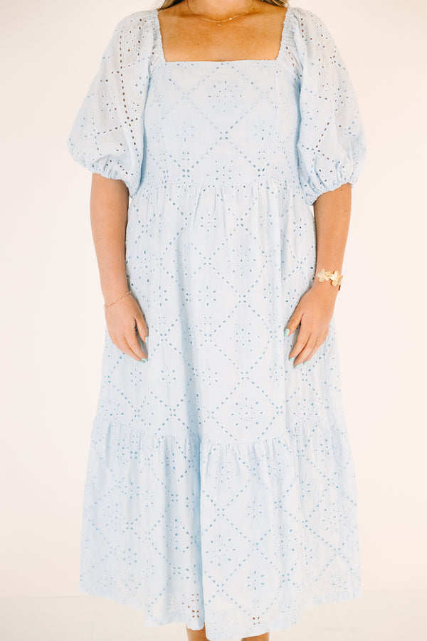 Chic Soul plus size clothing, baby blue maxi dress with a square neckline and short bubble sleeves as well as an eyelet pattern throughout 