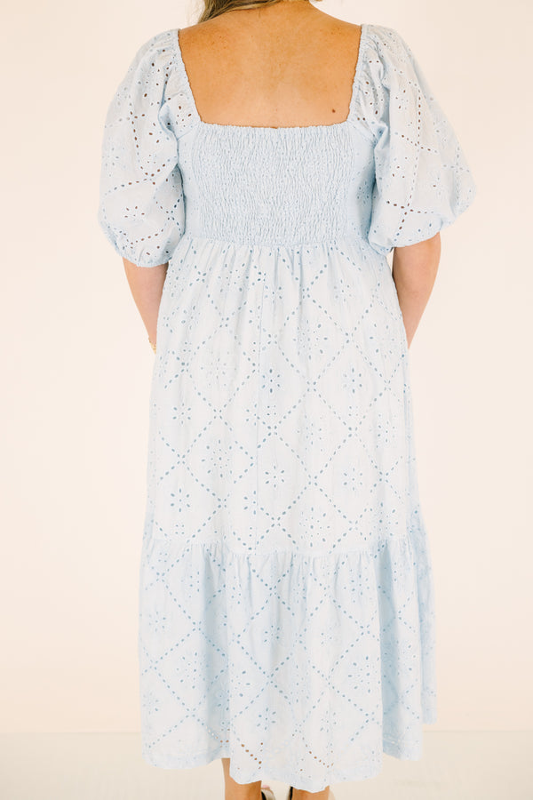 Chic Soul plus size clothing, baby blue maxi dress with a square neckline and short bubble sleeves as well as an eyelet pattern throughout 