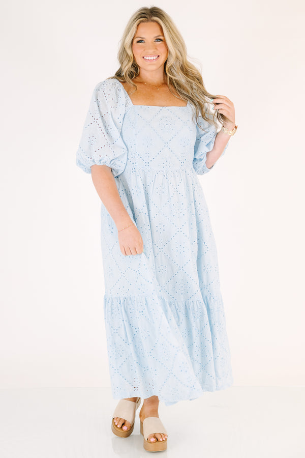 Chic Soul plus size clothing, baby blue maxi dress with a square neckline and short bubble sleeves as well as an eyelet pattern throughout 