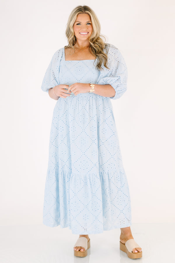 Chic Soul plus size clothing, baby blue maxi dress with a square neckline and short bubble sleeves as well as an eyelet pattern throughout 