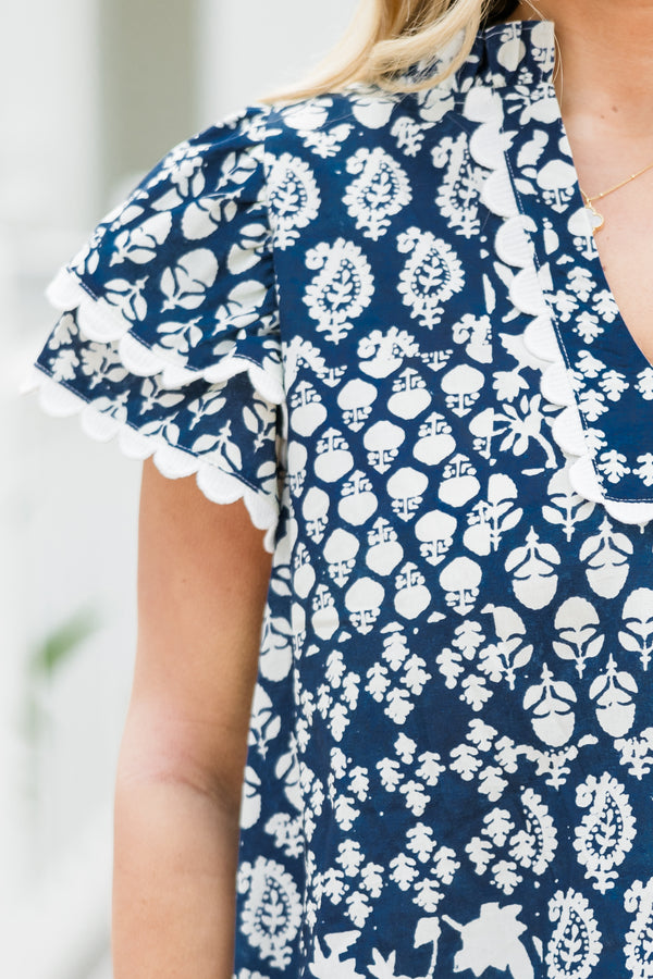 Chic Soul plus size clothing, short-flutter-sleeve blue top with a split-v-neckline and a high collar with a white abstract paisley pattern 