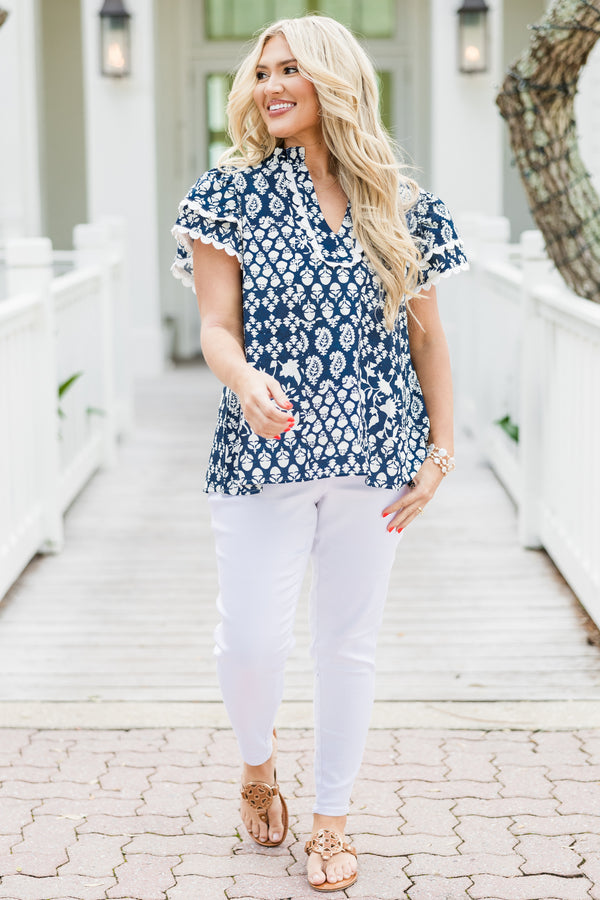 Chic Soul plus size clothing, short-flutter-sleeve blue top with a split-v-neckline and a high collar with a white abstract paisley pattern 