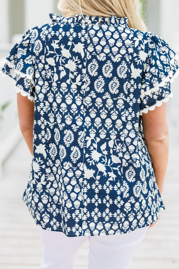 Chic Soul plus size clothing, short-flutter-sleeve blue top with a split-v-neckline and a high collar with a white abstract paisley pattern 