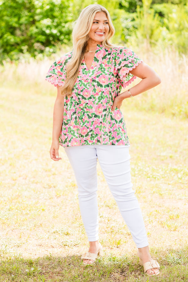 Chic Soul plus size clothing, green and pink floral short sleeve top with pink scallop trim on sleeves and v-neckline