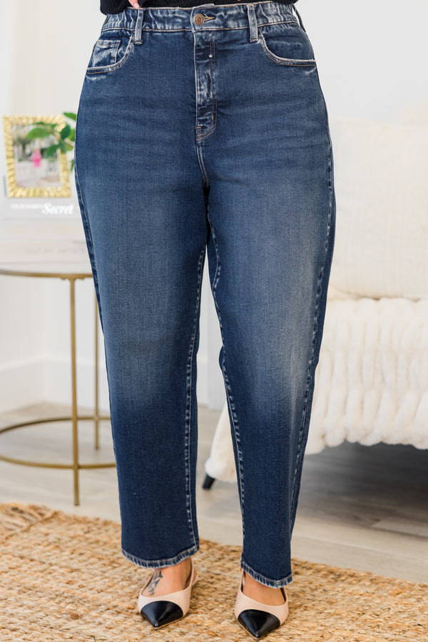 Chic Soul plus size clothing, dark wash high-waisted mom jeans with button detailing