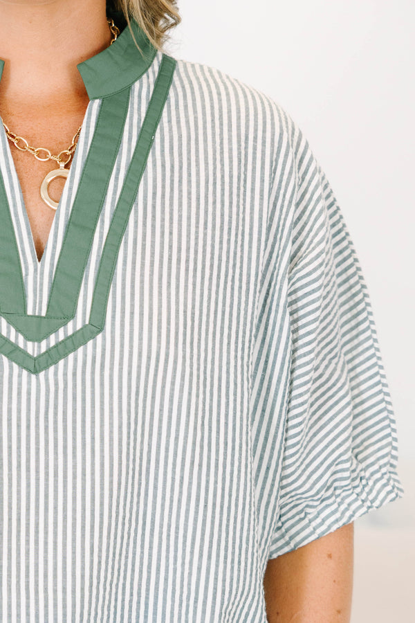 Plus Size hunter green and white striped blouse with a split v-neck and short dolman sleeves.
