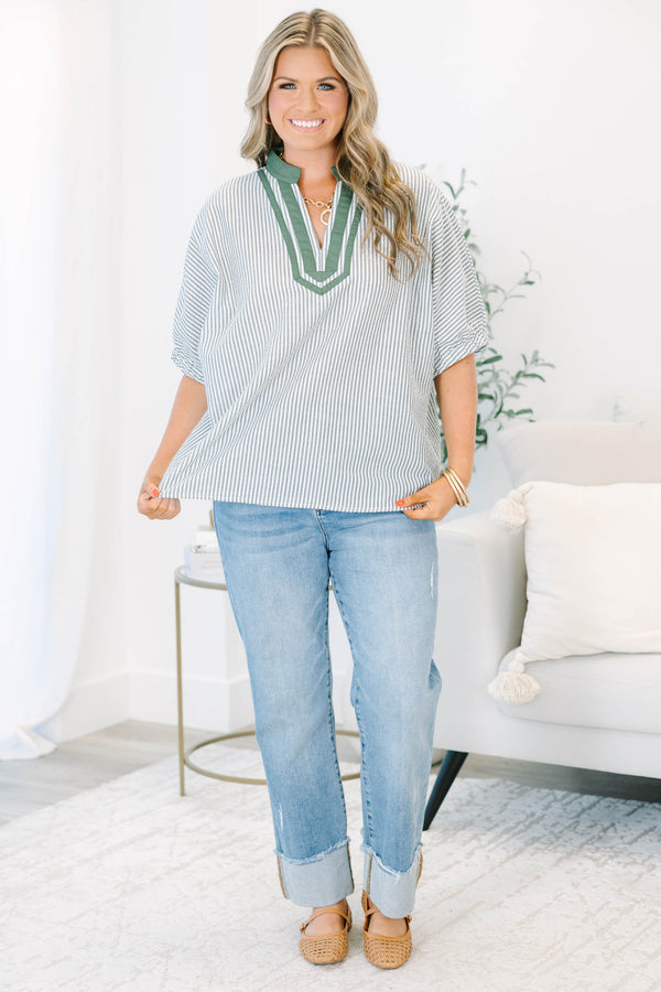 Plus Size hunter green and white striped blouse with a split v-neck and short dolman sleeves.