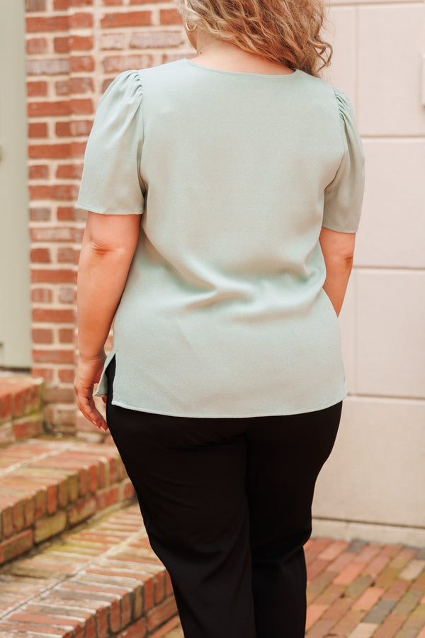Chic Soul plus size clothing, sage blouse with scalloped hemmed neckline and puff sleeves