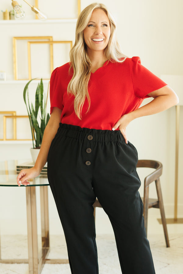 Chic Soul plus size clothing, tomato red top with a v neck and puff sleeves