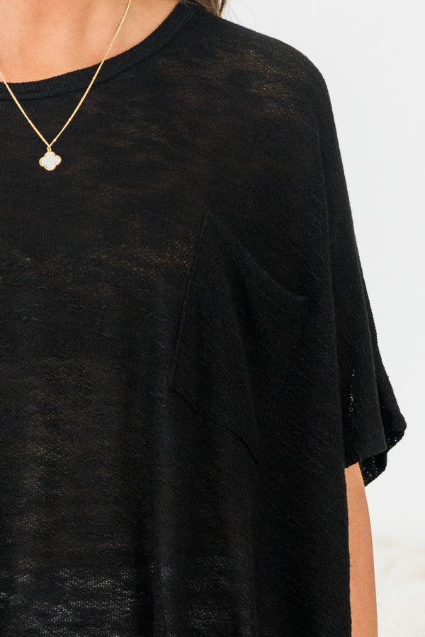 Chic Soul plus size clothing, black short sleeve flowy top with round neckline with flowy sleeves