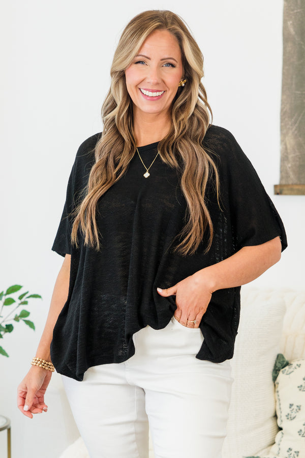 Chic Soul plus size clothing, black short sleeve flowy top with round neckline with flowy sleeves