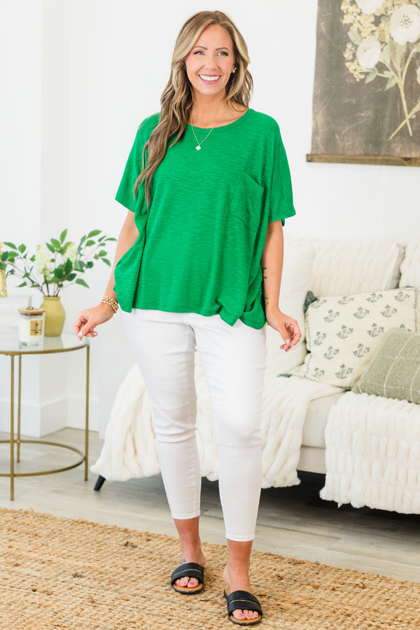 Chic Soul plus size clothing, kelly green short sleeve flowy top with round neckline with chest pocket