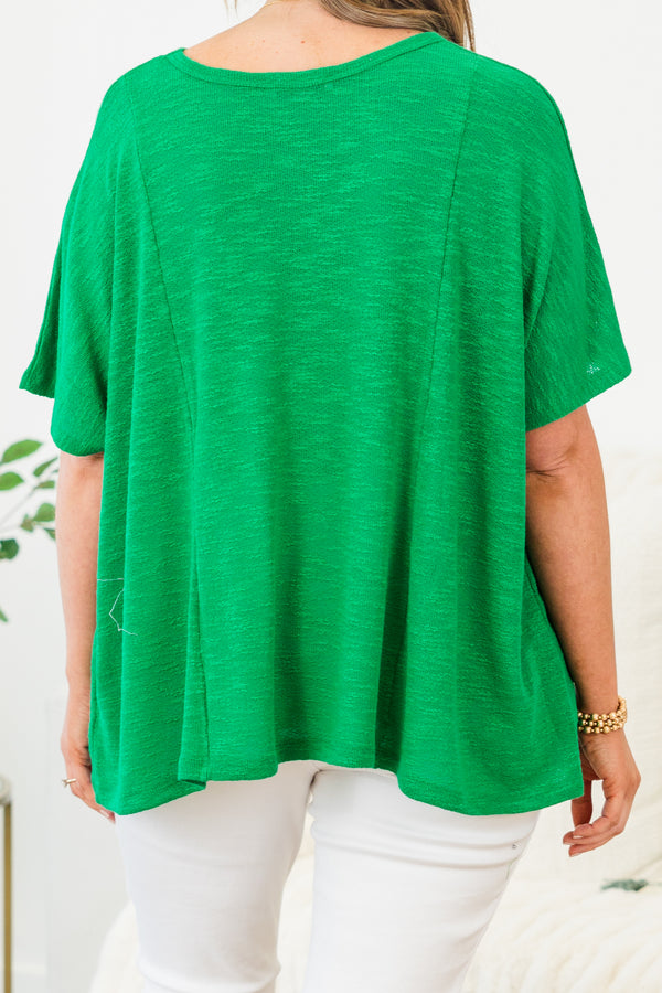 Chic Soul plus size clothing, kelly green short sleeve flowy top with round neckline with chest pocket