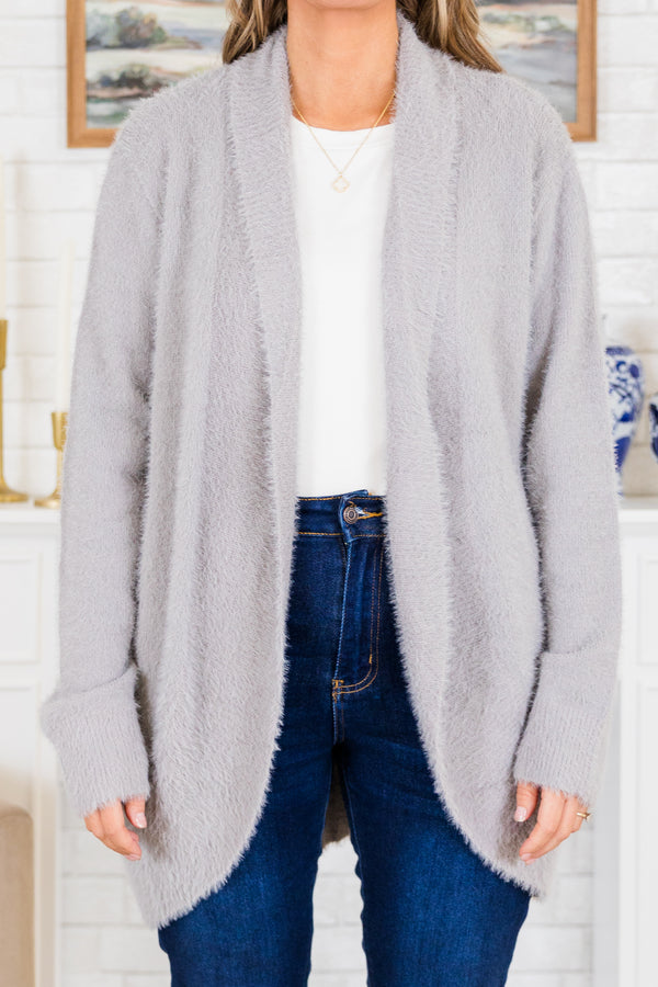 Chic Soul plus size clothing, long-sleeve thigh-length light grey fuzzy cardigan