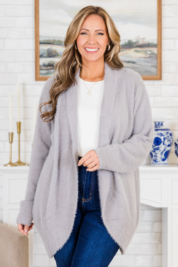 Chic Soul plus size clothing, long-sleeve thigh-length light grey fuzzy cardigan