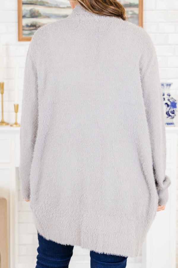 Chic Soul plus size clothing, long-sleeve thigh-length light grey fuzzy cardigan