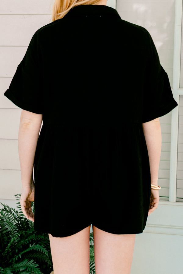 chic soul plus size clothing, black short romper with cuffs at the end of the sleeves and a V-neckline 