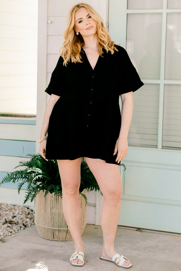 chic soul plus size clothing, black short romper with cuffs at the end of the sleeves and a V-neckline 