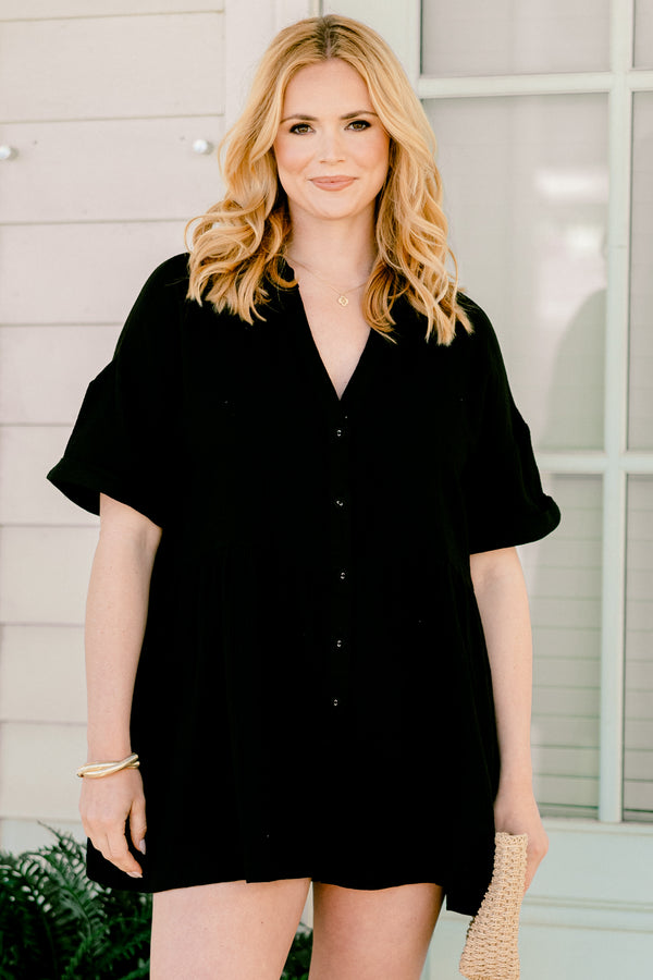 chic soul plus size clothing, black short romper with cuffs at the end of the sleeves and a V-neckline 