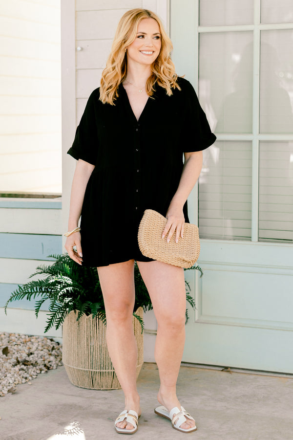 chic soul plus size clothing, black short romper with cuffs at the end of the sleeves and a V-neckline 
