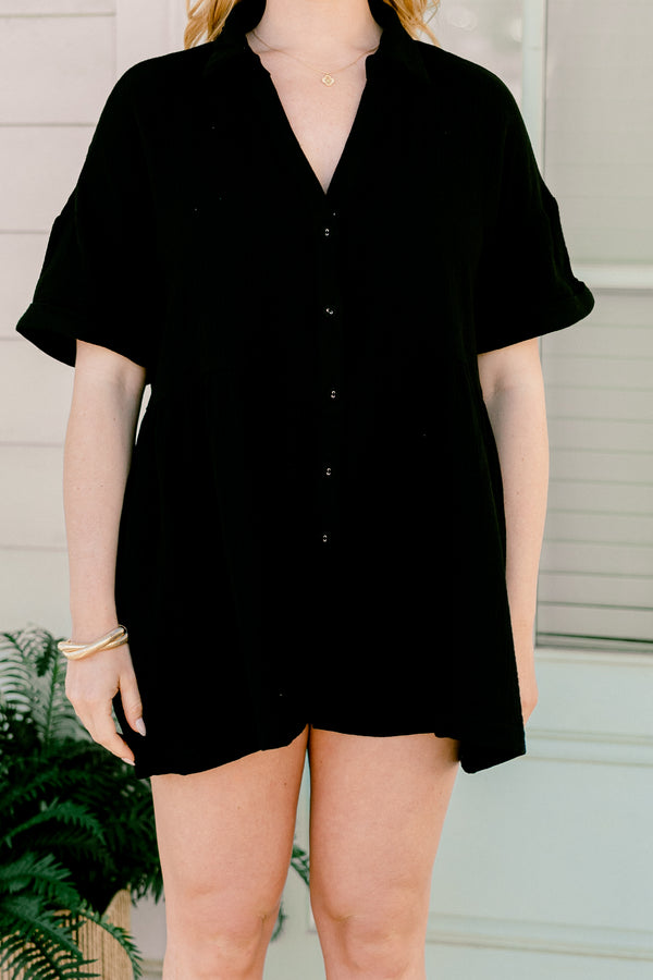 chic soul plus size clothing, black short romper with cuffs at the end of the sleeves and a V-neckline 