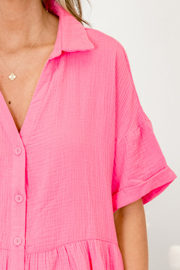 Chic Soul plus size clothing, cuffed-short-sleeve linen bubblegum pink babydoll romper with collared detailing with a buttoned v-neckline and hidden pockets 
