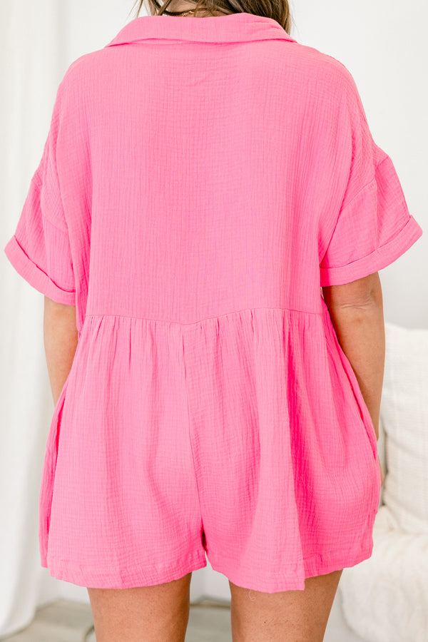 Chic Soul plus size clothing, cuffed-short-sleeve linen bubblegum pink babydoll romper with collared detailing with a buttoned v-neckline and hidden pockets 