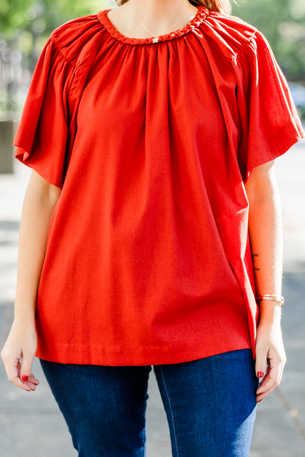 Chic Soul plus size clothing, brick short sleeve flowy top with flare sleeves and round neckline with braided border detail along neck