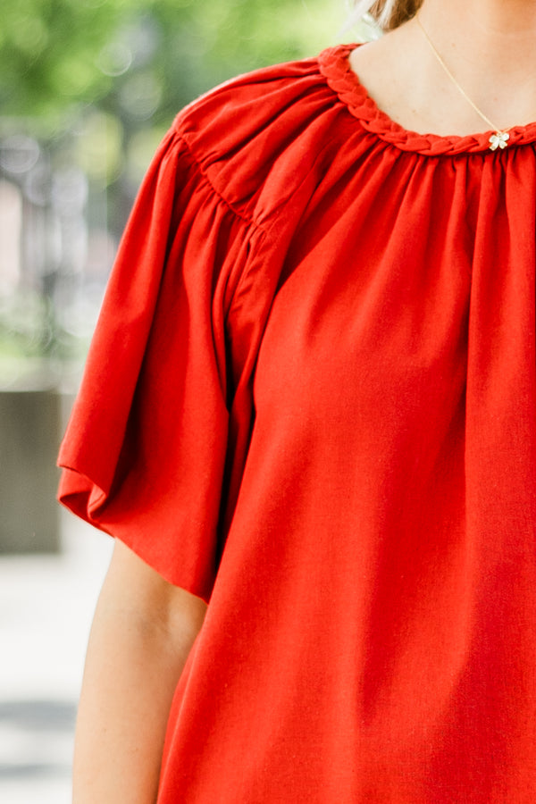 Chic Soul plus size clothing, brick short sleeve flowy top with flare sleeves and round neckline with braided border detail along neck