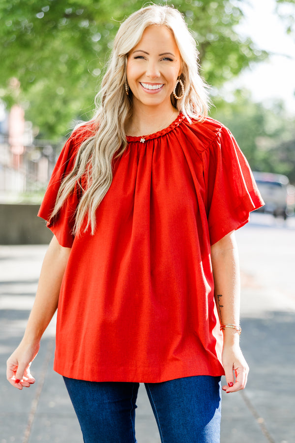 Chic Soul plus size clothing, brick short sleeve flowy top with flare sleeves and round neckline with braided border detail along neck