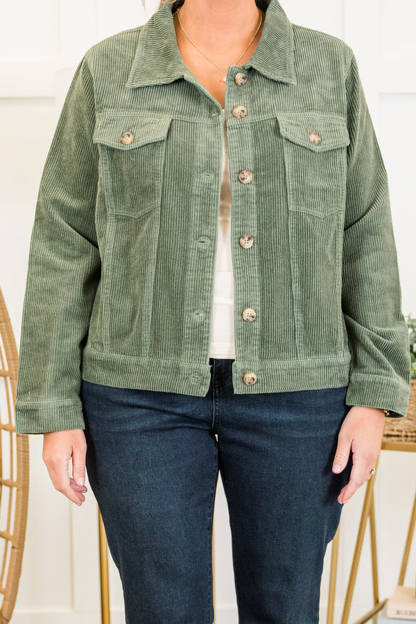 Chic Soul plus size clothing, long-sleeve olive green ribbed corduroy collared jacket with tortoise button detailing