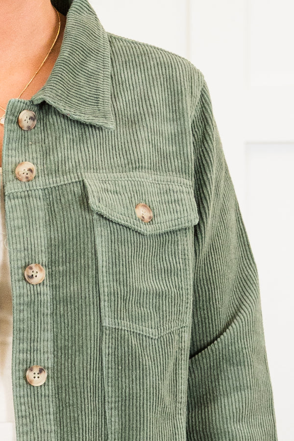 Chic Soul plus size clothing, long-sleeve olive green ribbed corduroy collared jacket with tortoise button detailing