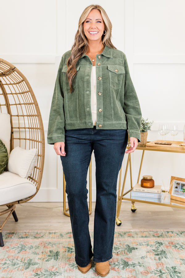 Chic Soul plus size clothing, long-sleeve olive green ribbed corduroy collared jacket with tortoise button detailing