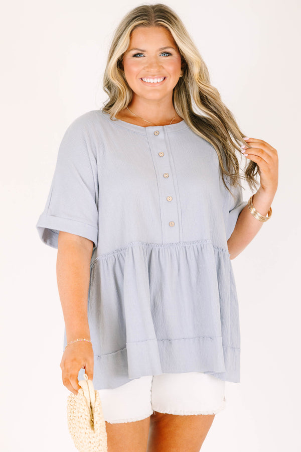 Chic Soul plus size clothing, dusty blue, short-sleeve, babydoll top with buttons going half way down the front.