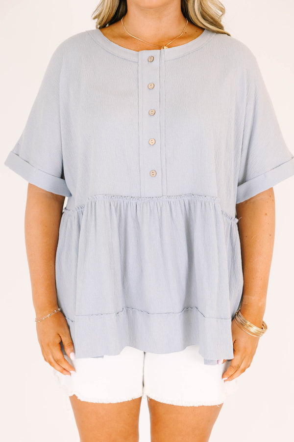 Chic Soul plus size clothing, dusty blue, short-sleeve, babydoll top with buttons going half way down the front.