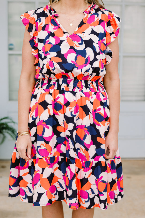 Chic Soul plus size clothing, navy short sleeve cinched waist dress with orange pink and white floral pattern