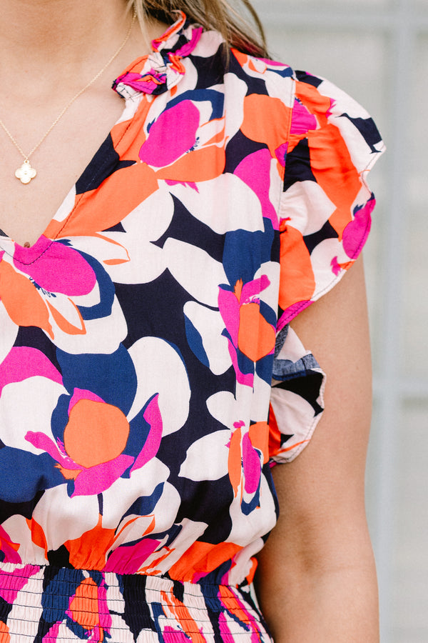 Chic Soul plus size clothing, navy short sleeve cinched waist dress with orange pink and white floral pattern