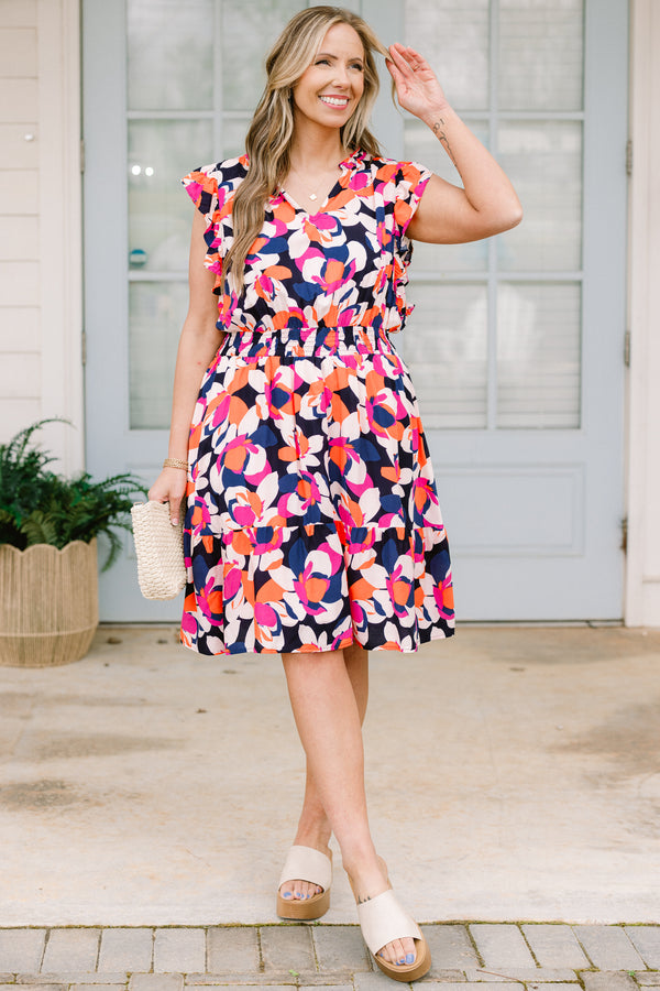 Chic Soul plus size clothing, navy short sleeve cinched waist dress with orange pink and white floral pattern