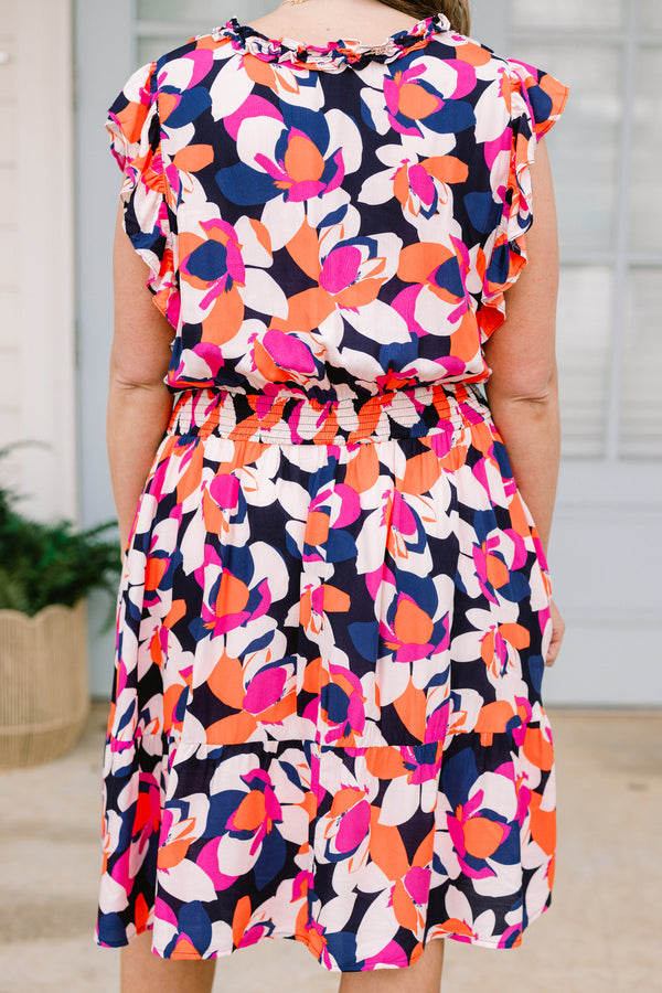 Chic Soul plus size clothing, navy short sleeve cinched waist dress with orange pink and white floral pattern